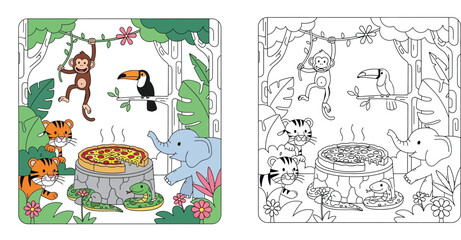 Fototapeta premium Jungle Animals Enjoying Hot Pizza - Whimsical Cartoon Scene