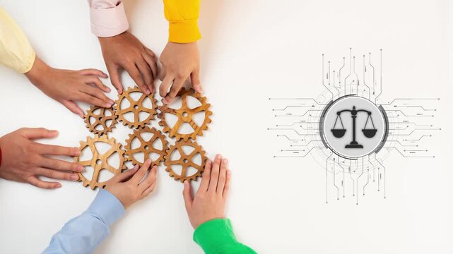 This image represents collaboration through gears and a justice symbol, illustrating the integration of law and technology in a modern society. Raster
