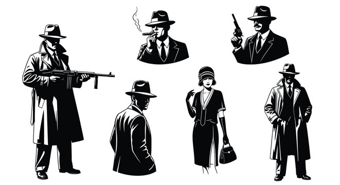Gangsters and flapper women in a dramatic vintage style silhouette