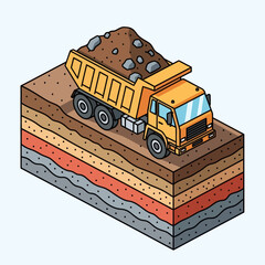 Isometric Dump Truck Hauling Earth on Layered Soil Cross-Section. © Mukhamad