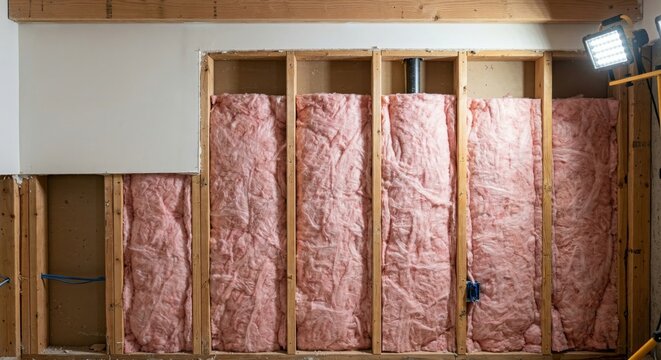 Fiberglass insulation installed vertically in wooden wall studs with spotlight