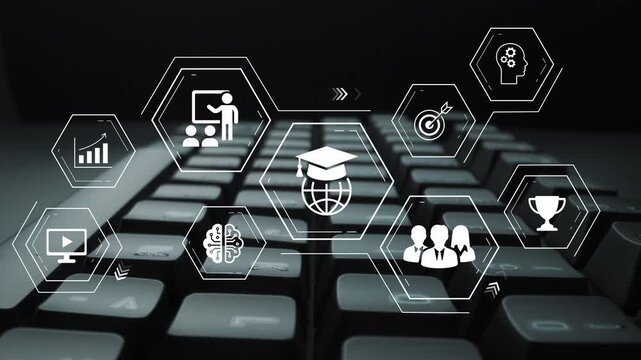 Creative Digital Learning Concept with Education Icons and Keyboard Background Highlighting Online Classes, Knowledge, and Achievement in Modern Technology Gluon.
