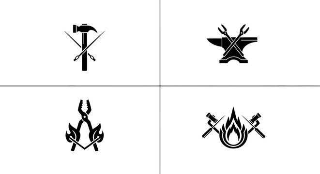Blacksmith Tools and Anvil Silhouettes for Forging Craft Logos.
