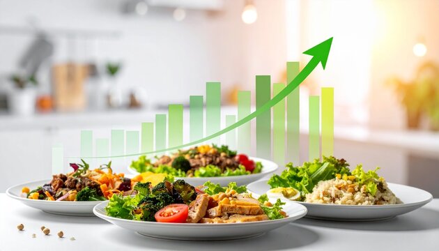 Food business profit growth concept with upward financial bars above healthy dishes, representing increased margins and industry success

