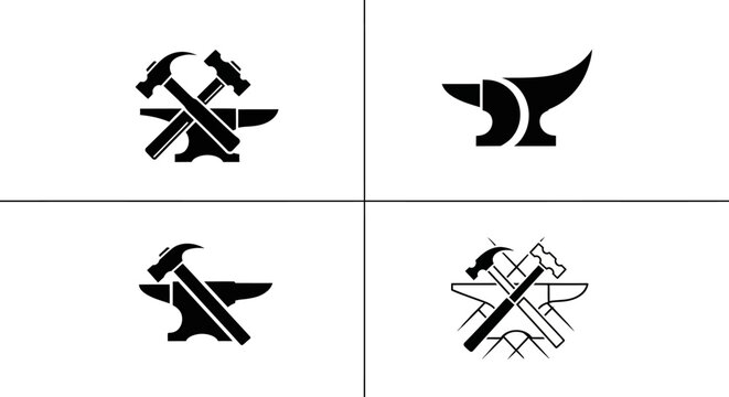 Set of four distinct blacksmith anvil and hammer logos in black and white.
