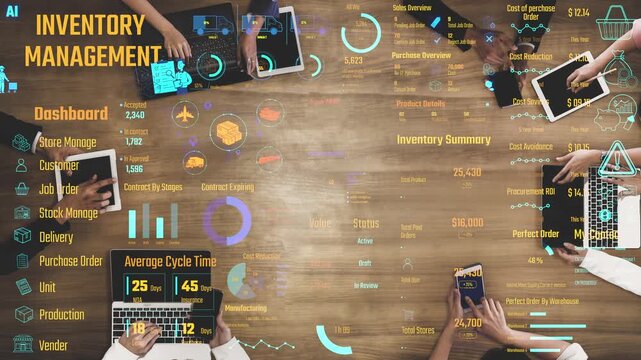 Inventory management dashboard showing supply chain performance, stock levels, order cycle times, cost reduction, and procurement ROI. Inventory tracking, and streamline warehouse efficiency. Thunk