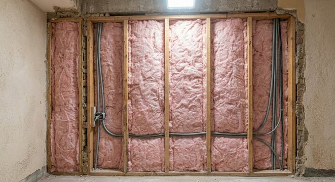 Insulation pink fiberglass batts installed vertically in wall studs with exposed wiring