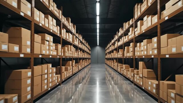 Interior view of a large warehouse aisle filled with tall shelves of cardboard boxes