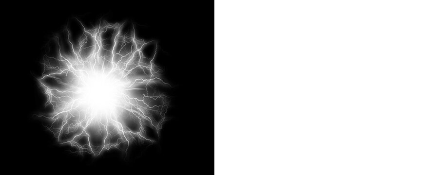 Bright white lightning bolt explosion with electric sparks on transparent background