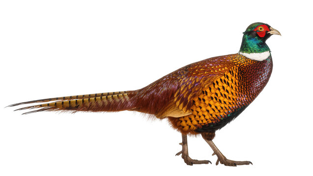 Magnificent male ring-necked pheasant showing off its colorful feathers and long tail.