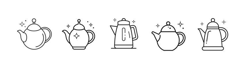 Obraz premium Teapot and kettle outline icon set featuring classic teapot, modern water kettle, kitchen tea maker, hot drink pot, and more vector illustration on editable stroke