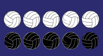 Fototapeta premium Set of volleyball icons in white and black on blue background