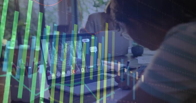 Watching laptop call, Chinese girl in blue-striped shirt taking notes at home with graph overlays