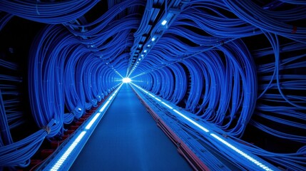 Fototapeta premium Intense blue tunnel filled with cables. Lights illuminate long corridor creating futuristic scene. Dark background emphasizes vibrant glow.