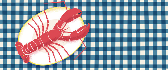 Amalfi lobster pattern. Italian seafood illustration with Mediterranean crab icon on retro plate. Horizontal banner with summer picnic tablecloth aesthetic and trendy coastal design. © Azat Valeev
