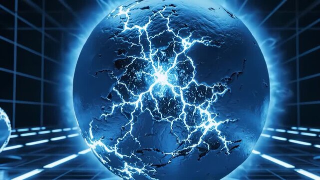 Massive blue energy sphere crackling with electrical discharge