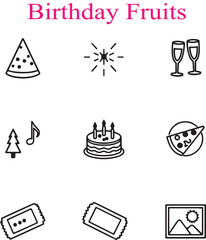 Fototapeta premium Birthday Fruits icon set, minimalist party celebration line art, collection of 9 holiday symbols including cake and pizza, black outline vector graphics