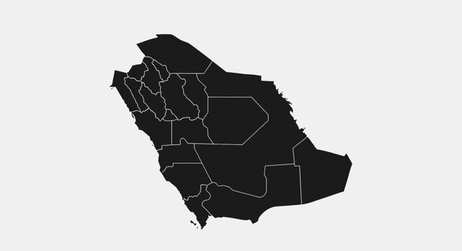 Saudi Arabia Map Silhouette with Regions - Dark Gray on Light Gray Background