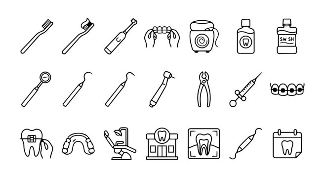 Dental Tools and Oral Hygiene Line Icons Set &ndash; Toothbrush, Floss, Braces, Equipment and Clinic Outline Collection