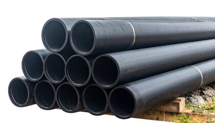 Fototapeta premium Close-up of black plastic tubes stacked on a wooden pallet, showcasing a glimpse inside the hollow cylinders. The pipes are ready for installation