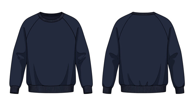 Navy blue sweatshirt mockup displayed front and back flat silhouette