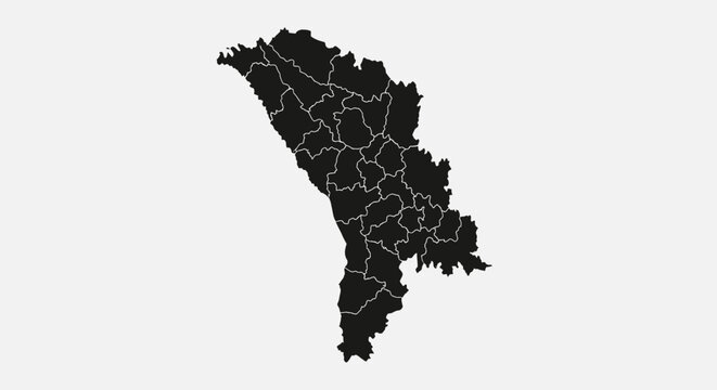 Moldova Map Silhouette with Administrative Divisions, Black and White Vector Illustration