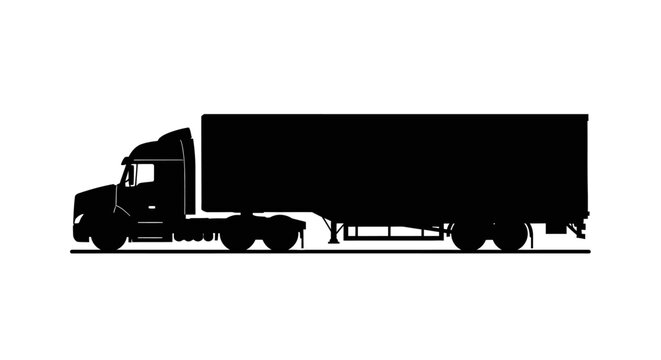 Black silhouette of a large semi truck with a trailer side view silhouette