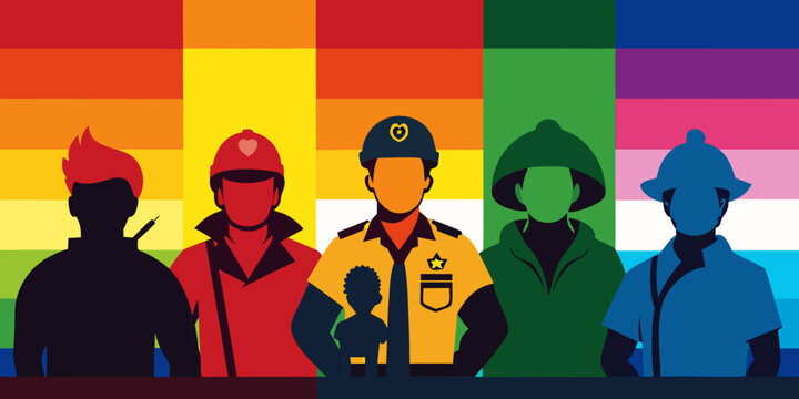 The silhouettes of first responders including a firefighter, medic, police officer against a vibrant colorful rainbow wallpaper background