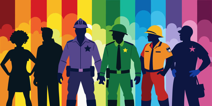 The silhouettes of first responders including a firefighter, medic, police officer against a vibrant colorful rainbow wallpaper background