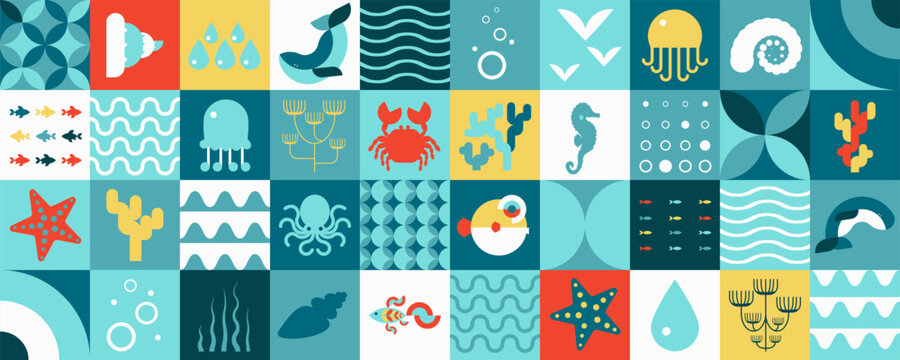 Seamless geometric pattern with fish, whale, octopus, jellyfish, coral and sea horse. Tiled sea background. Abstract Sea life background for summer textile, nautical wallpaper and surface design
