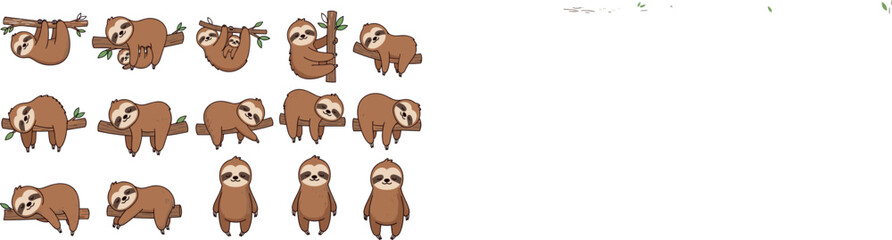 Fototapeta premium Set of cute sloth cartoon characters with different poses hanging sitting standing sleeping adorable animal mascot vector illustration isolated collection design