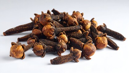 Fototapeta premium Close-up studio shot of a pile of dried aromatic spice buds and stems on a plain white backdrop