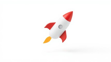 Fototapeta premium White rocket ship with red fins, orange flame. Minimalist design, floating in empty space. Clean, simple illustration.
