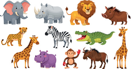 Set of cute wild safari animals cartoon characters including lion elephant giraffe zebra crocodile monkey hippo rhino vector illustration collection © Vector Design Hub