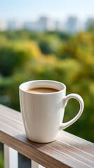 Fototapeta premium Morning coffee relaxation on balcony with scenic view for tranquil apartment lifestyle