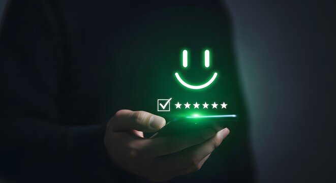 A hand holding a glowing smartphone with a smiley face and rating
