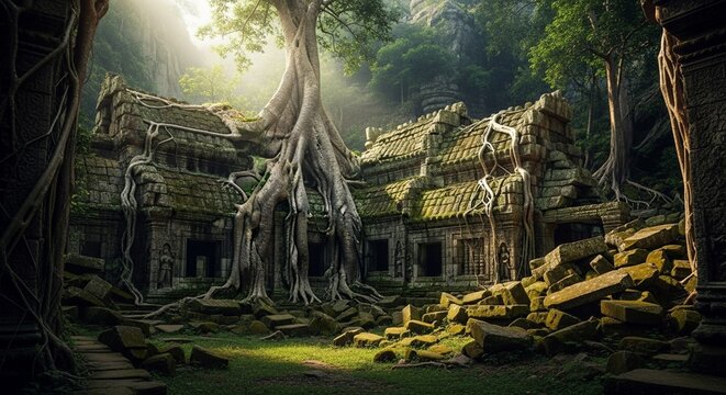 Majestic ancient stone temple ruins with colossal tree roots, a photorealistic scene of nature's embrace