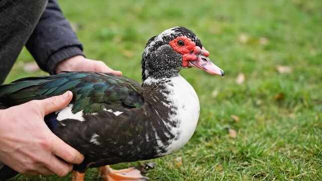 A fair-skinned young adult man examines a muscovy duck outdoors on the grass, checking its orange webbed feet and dark wings.