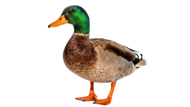 Vibrant male mallard duck with glossy green head and bright orange bill standing majestically
