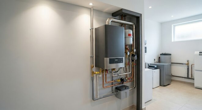 Condensing boiler system in modern utility room with pipes and equipment