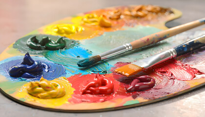 Obraz premium Close-up of artist palette with colorful oil paints and brushes, rich texture and vibrant pigments, creative workspace detail, soft lighting, artistic tools concept.