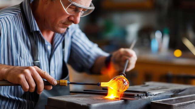 Artisan glassblower using protective equipment at a hot furnace, professional glassmaking craft concept, defocused background, with copy space
