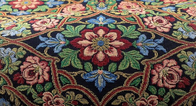 Intricate floral pattern on vintage brocade fabric, featuring roses and intricate details in colors for textile design or rich backgrounds