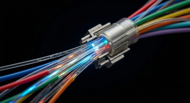 Fiber optic cables connected to a splice with colorful wires and light transmission