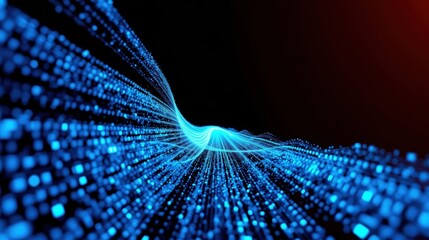 Fototapeta premium Bright blue particles flow toward viewer. Dark background creates depth, suggesting speed, technology, future concepts.