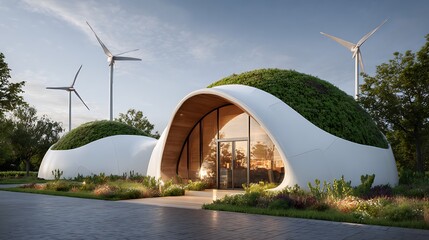 Fototapeta premium Sustainable eco friendly dome buildings with green roof vegetation and wind turbines in