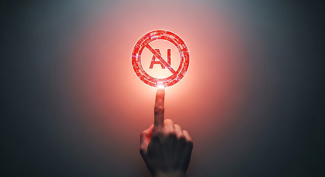 Finger touches glowing red prohibition sign with letters AI, concept of no artificial intelligence, human hand, digital warning symbol, technology