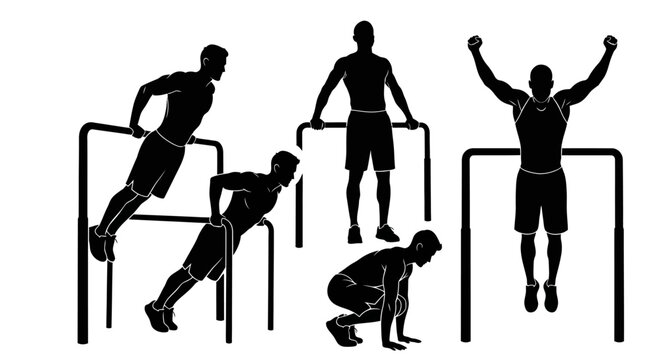 Silhouette Men Exercising on Parallel Bars and Pull-up Bar
