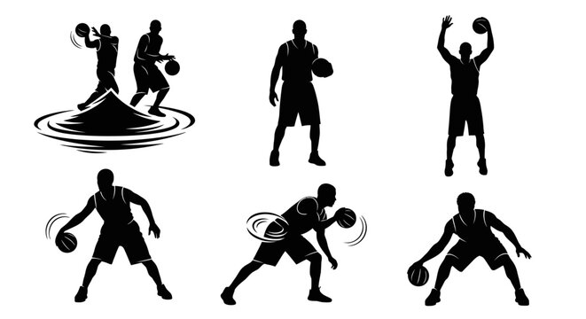 Basketball Player Silhouettes: Dribbling, Shooting, Jumping - Action Set