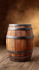 Fototapeta premium Wooden barrel with metal bands on a wooden floor, dust particles floating above, warm background creating a rustic atmosphere